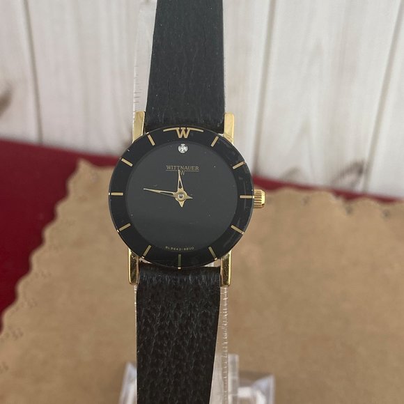 Vintage Wittnauer Diamond Watch Gold Tone New Black Leather Strap Black … - Picture 2 of 8
